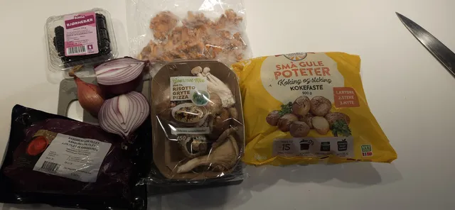 Ingredienser til en hoppende bra middag. Kengurufilet, poteter, sopp, løk og bjørnebær.